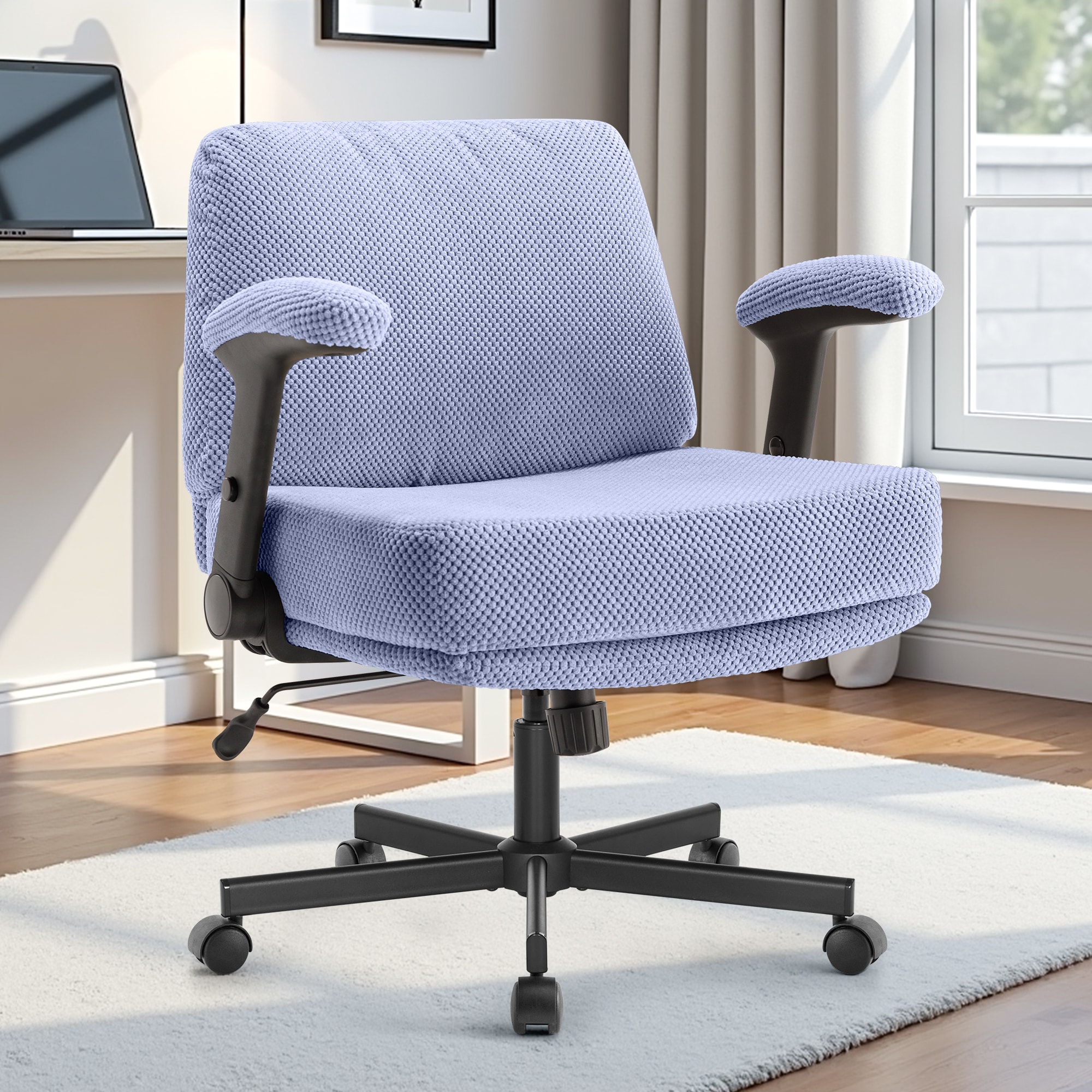 Criss Cross Chair With Wheels And Flip Arms- Comfy Fabric Cross Legged Office Chair With Thick Cushion&Wide Seat, Adjustable Swivel Desk Chair For Home Office, Apartment, Bedroom_voghion.com